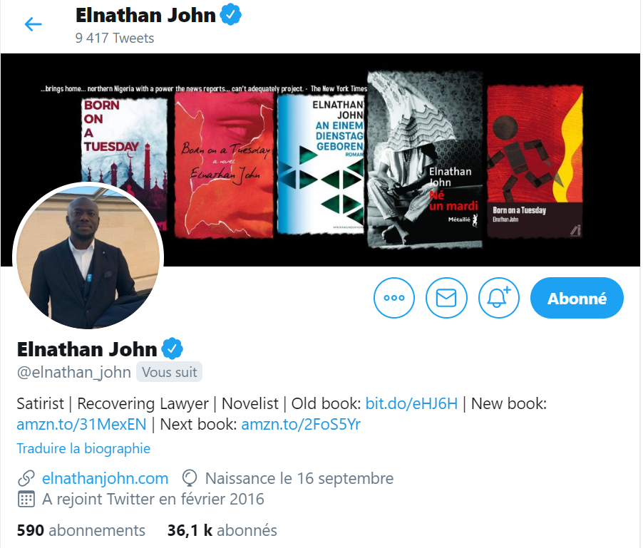 Photo du profil Tweeter de l'écrivain Elnathan John. 