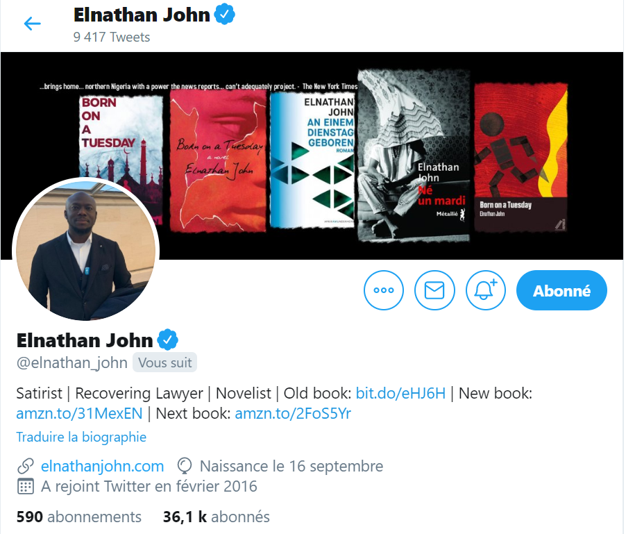 Photo du profil Tweeter de l'écrivain Elnathan John.